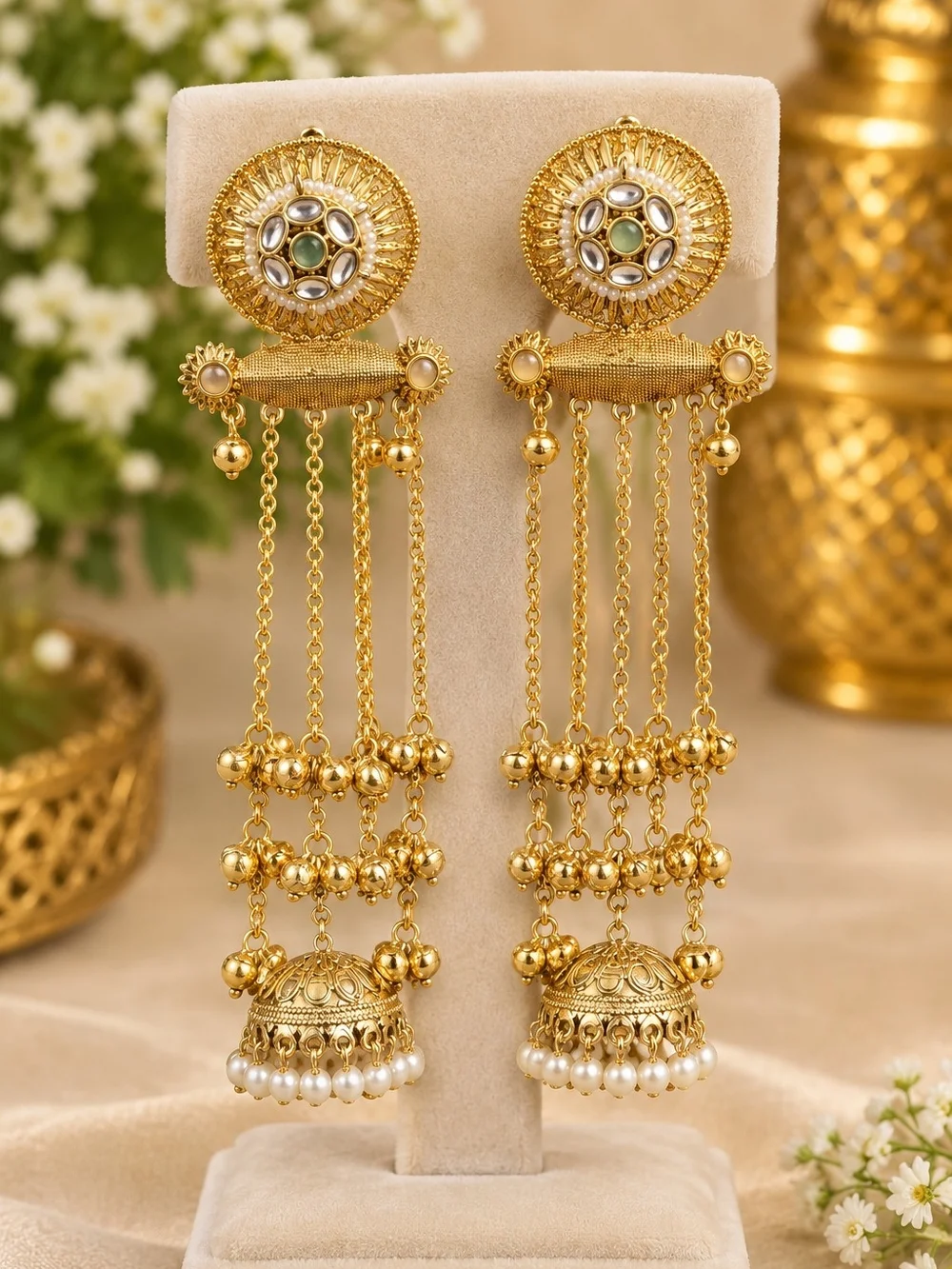 Gold Jhumka Earrings with Pearls and Green Accents
